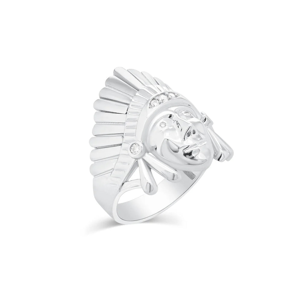 Sterling Silver Rhodium Plated Men's Moissanite Native Chief Head Ring