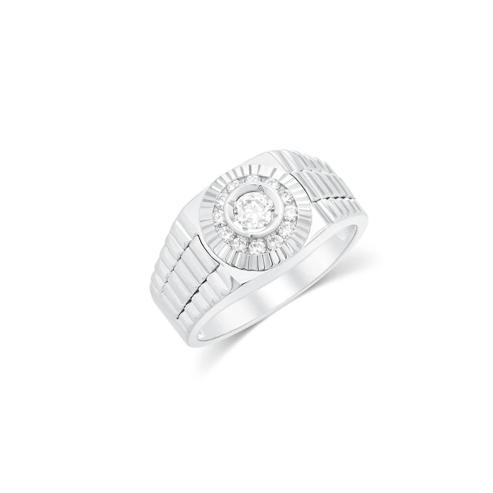 Sterling Silver Rhodium Plated Men's Moissanite Radiant Sunburst Signet Ring