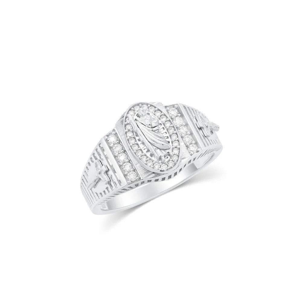 Sterling Silver Rhodium Plated Men's Moissanite Saint Jude Oval Center Iced Out Ring