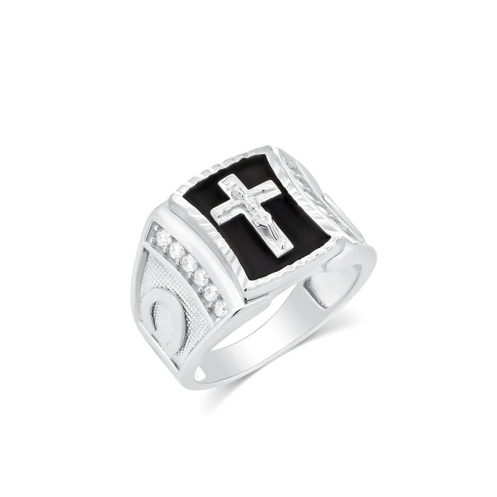 Sterling Silver Rhodium Plated Men's Moissanite Onyx Cross Iced Side Accents Ring