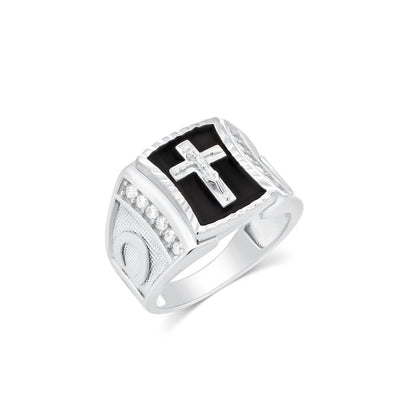 Sterling Silver Rhodium Plated Men's Moissanite Onyx Cross Iced Side Accents Ring