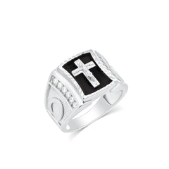 Sterling Silver Rhodium Plated Men's Moissanite Onyx Cross Iced Side Accents Ring