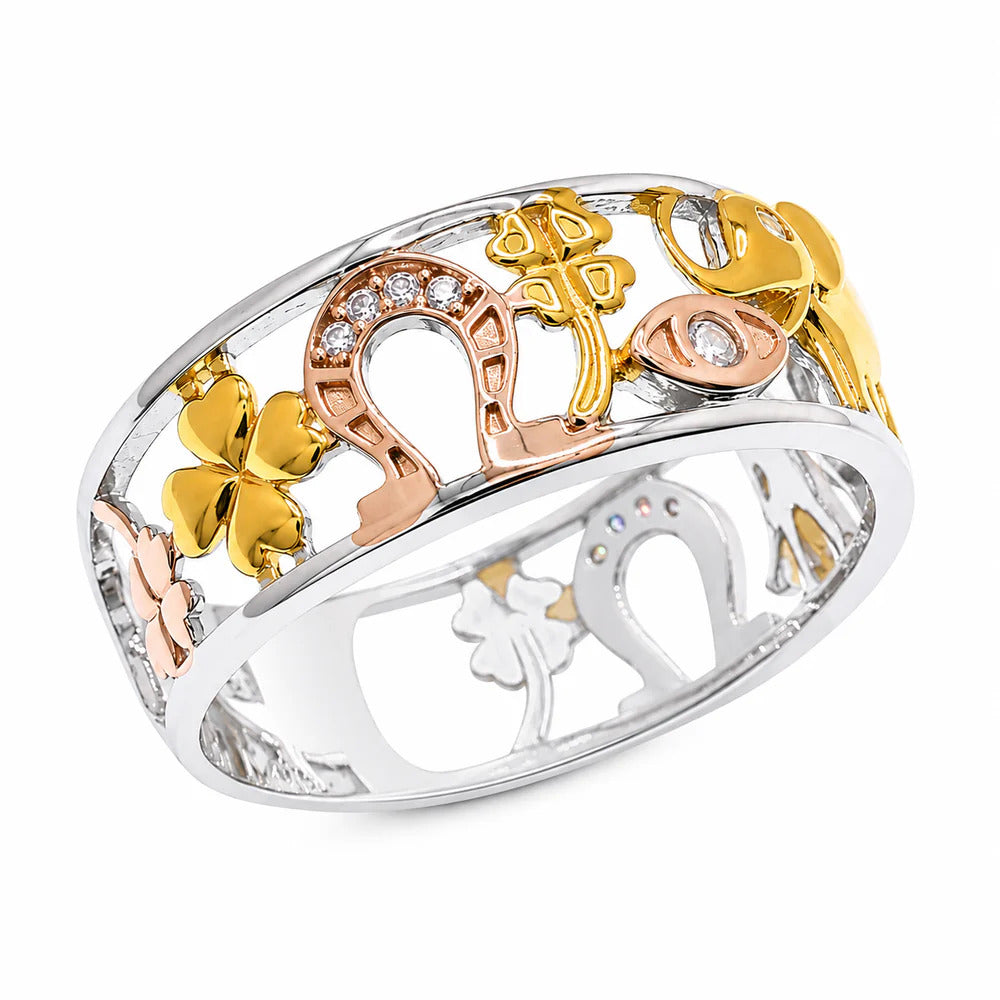 Sterling Silver Three Tone Plated Moissanite Lucky Charm Band Ring