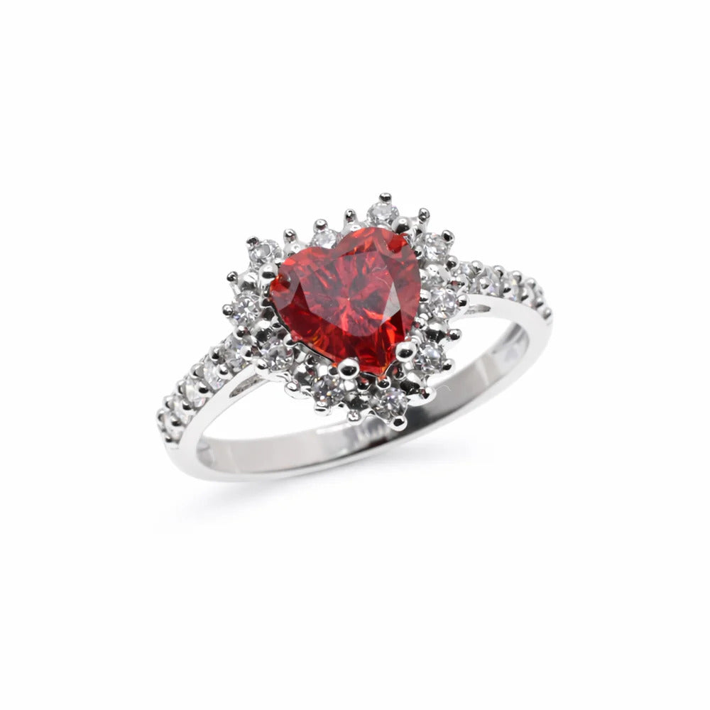 Sterling Silver Rhodium Plated Moissanite Ruby Red Heart Pave Ring