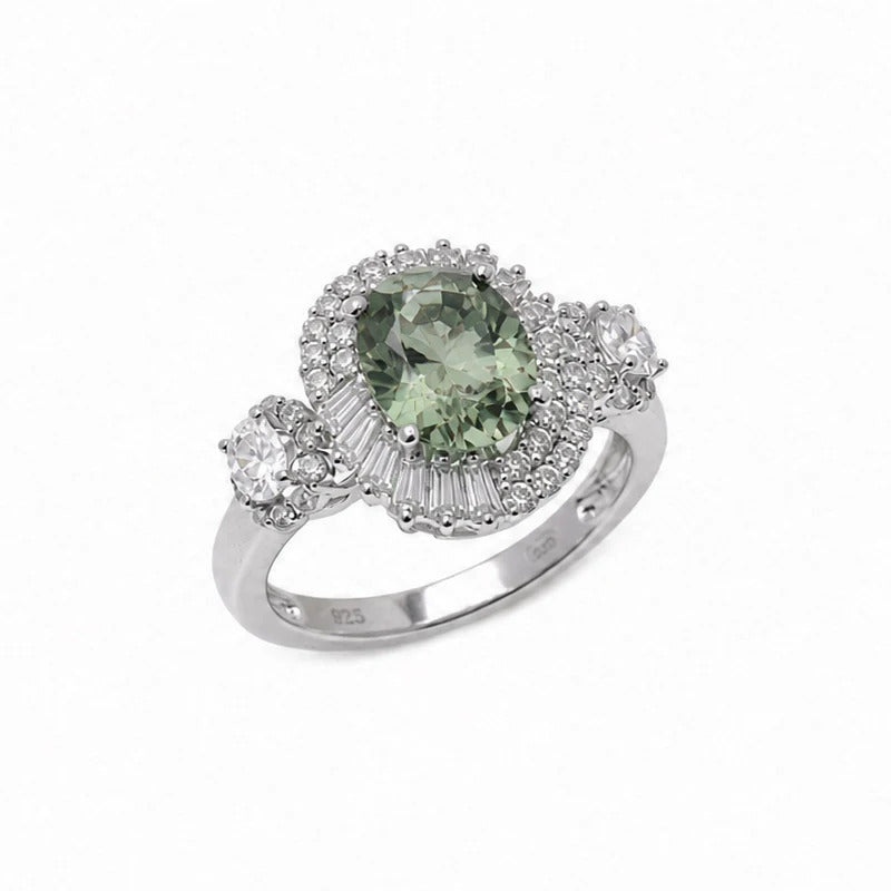 Sterling Silver Rhodium Plated Green Moissanite Cushion Cut Halo 3 Stone Statement Ring
