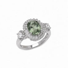 Load image into Gallery viewer, Sterling Silver Rhodium Plated Green Moissanite Cushion Cut Halo 3 Stone Statement Ring