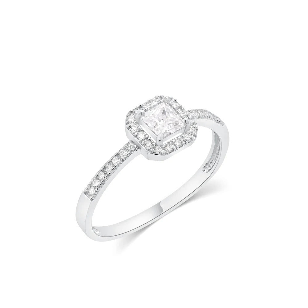 Sterling Silver Rhodium Plated Moissanite Halo Setting Pave Ring