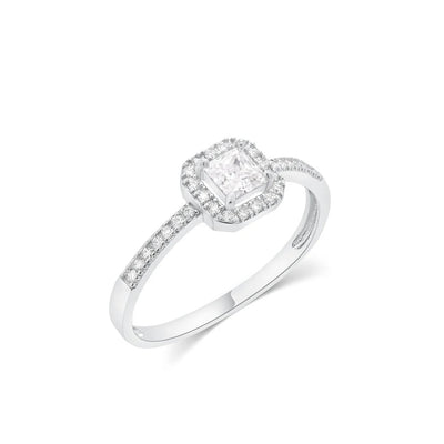 Sterling Silver Rhodium Plated Moissanite Halo Setting Pave Ring