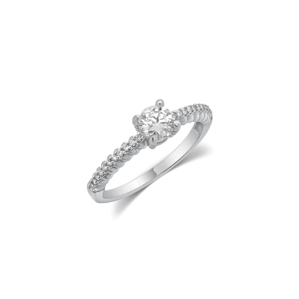 Sterling Silver Rhodium Plated Moissanite Solitaire Pave Ring