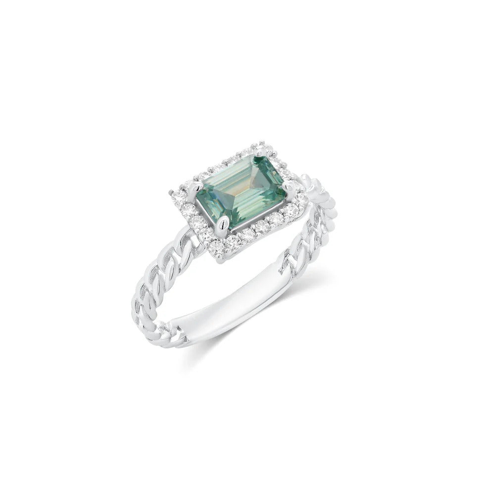 Sterling Silver Rhodium Plated Moissanite Emerald Halo Setting Braided Ring