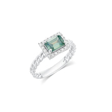 Load image into Gallery viewer, Sterling Silver Rhodium Plated Moissanite Emerald Halo Setting Braided Ring
