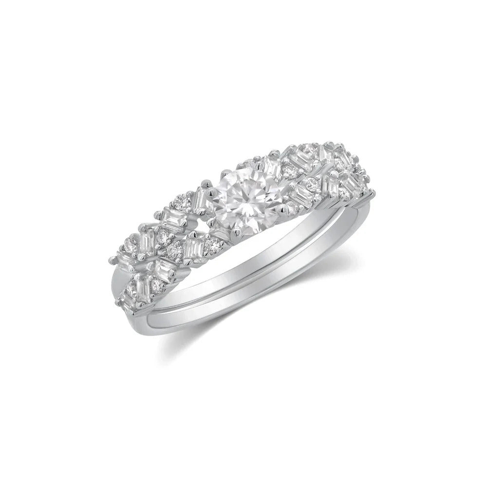 Sterling Silver Rhodium Plated Moissanite Round Solitaire Center Double Band Ring