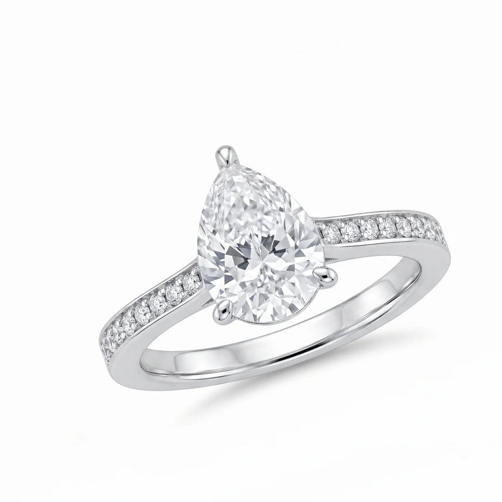 Sterling Silver Rhodium Plated Moissanite Classic Pear Cut Solitaire Ring
