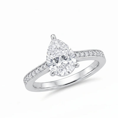 Sterling Silver Rhodium Plated Moissanite Classic Pear Cut Solitaire Ring