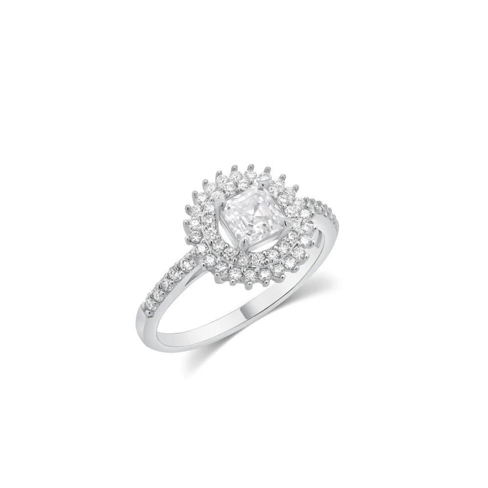 Sterling Silver Rhodium Plated Moissanite Square Halo Double Pave Ring