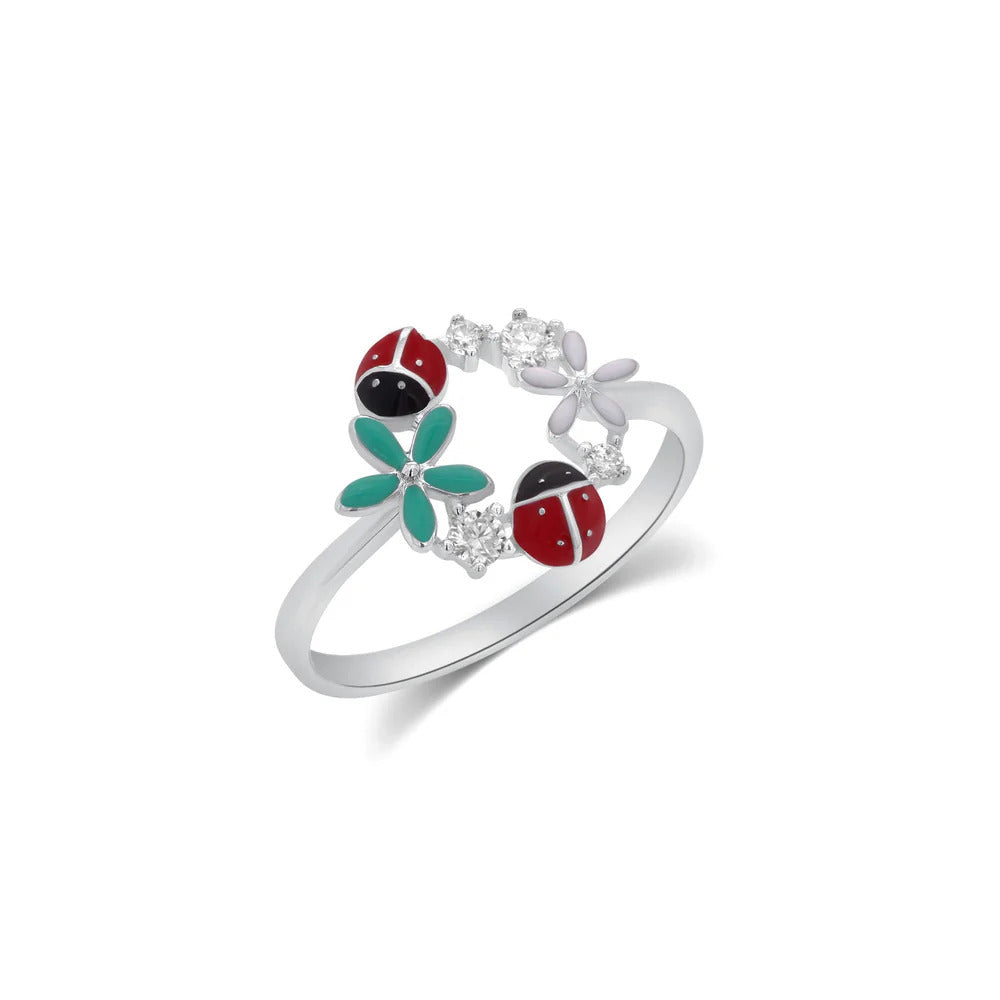 Sterling Silver Rhodium Plated Moissanite Enamel Lady Bug And Flower Ring