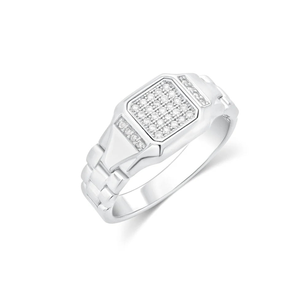 Sterling Silver Rhodium Plated Men's Moissanite Rectangular Pave Bold Link Ring