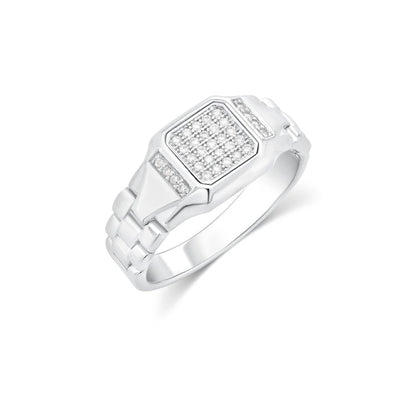 Sterling Silver Rhodium Plated Men's Moissanite Rectangular Pave Bold Link Ring