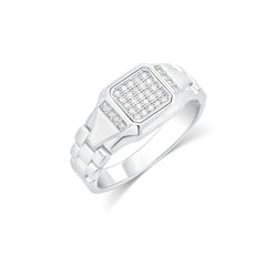 Sterling Silver Rhodium Plated Men's Moissanite Rectangular Pave Bold Link Ring