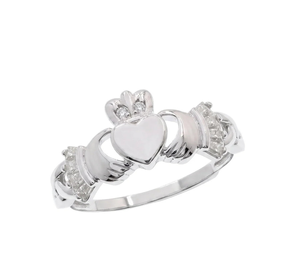 Sterling Silver Rhodium Plated Moissanite Claddagh With Baguette Cut Stone Accents Ring