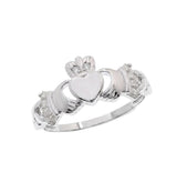 Sterling Silver Rhodium Plated Moissanite Claddagh With Baguette Cut Stone Accents Ring