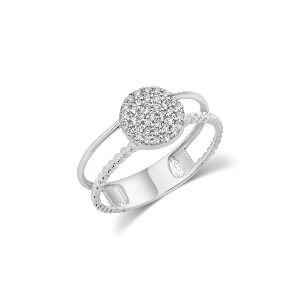 Sterling Silver Rhodium Plated Moissanite Round Cluster Top Split Band Ring