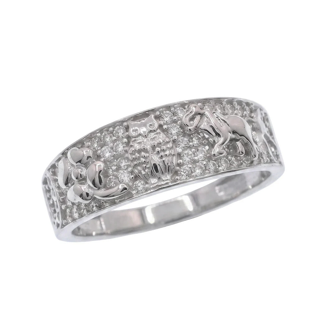Sterling Silver Rhodium Plated Moissanite Good Luck Charm Pave Crystal Elephant Horseshoe And Owl Band Ring