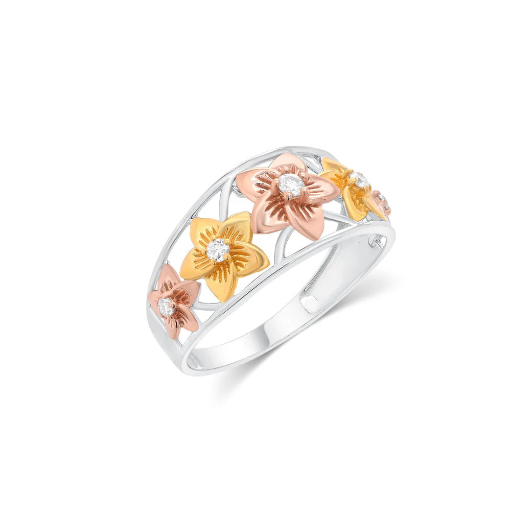 Sterling Silver Three Tone Plated Moissanite Floral Ring