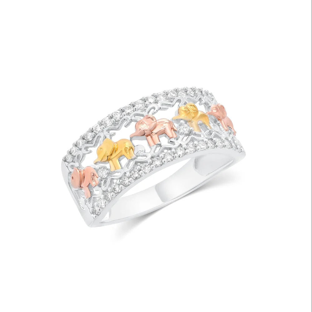 Sterling Silver Three Tone Plated Moissanite Elephant Pave Ring