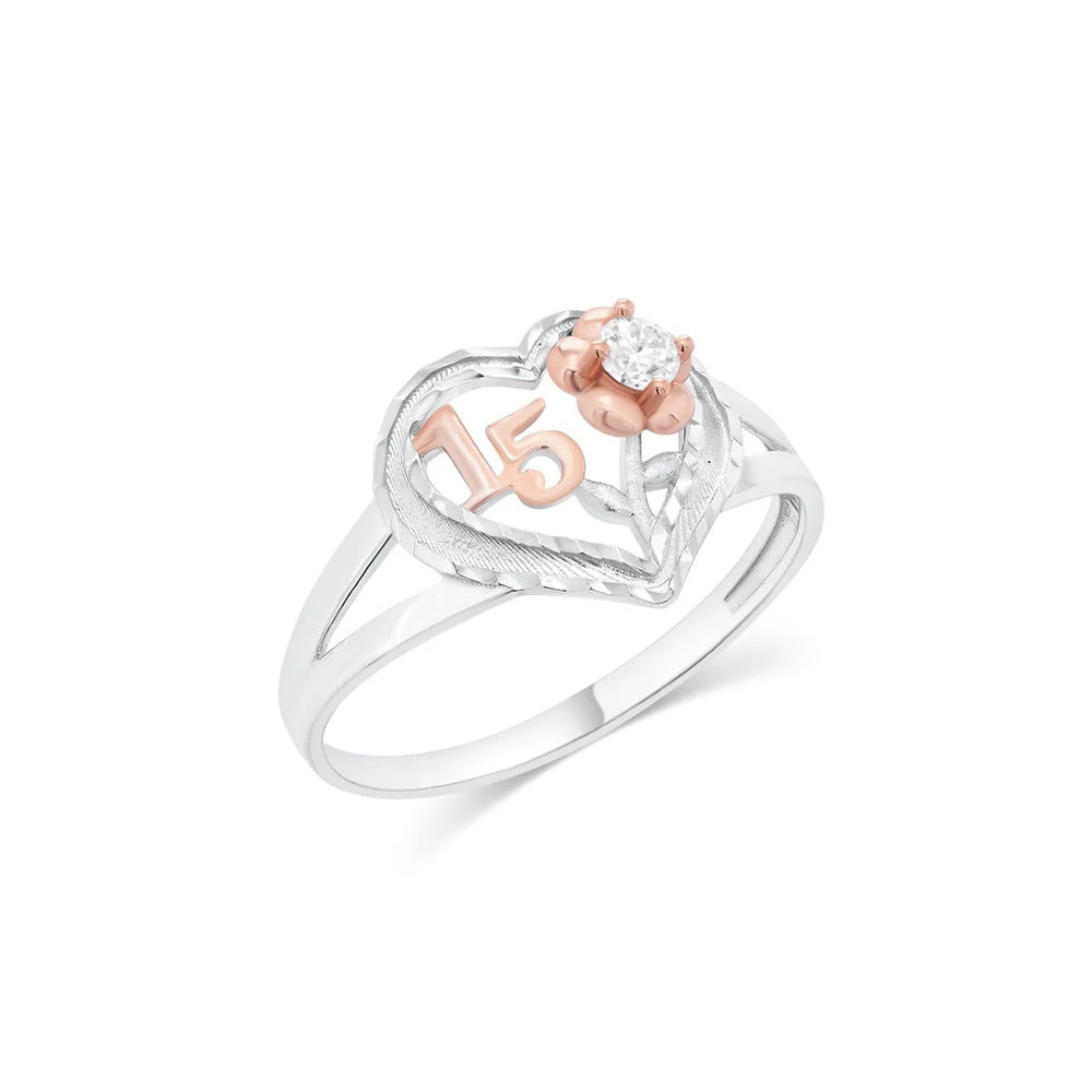 Sterling Silver Two Tone Plated Moissanite Quinceanera Heart Rose Ring