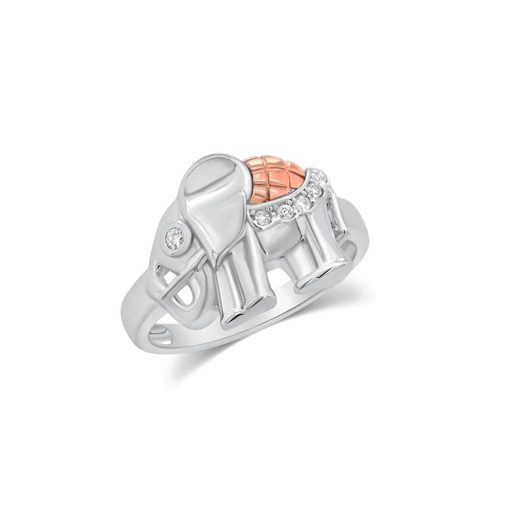 Sterling Silver Two Tone Plated Moissanite Shiny Detailed Elephant Ring