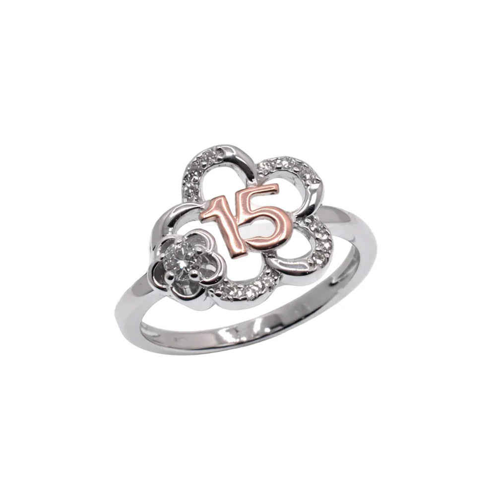 Sterling Silver Two Tone Plated Moissanite Quinceanera Flower Ring