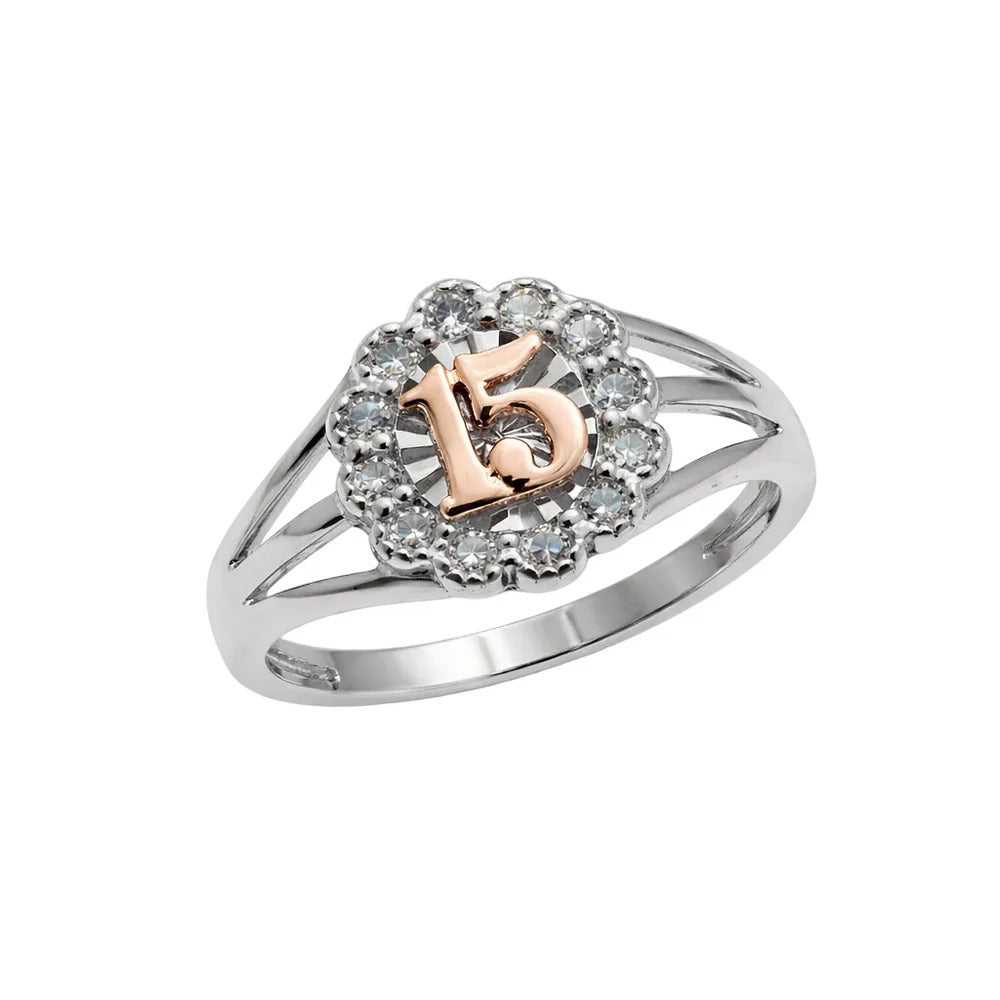 Sterling Silver Two Tone Plated Moissanite Quinceanera Halo Ring