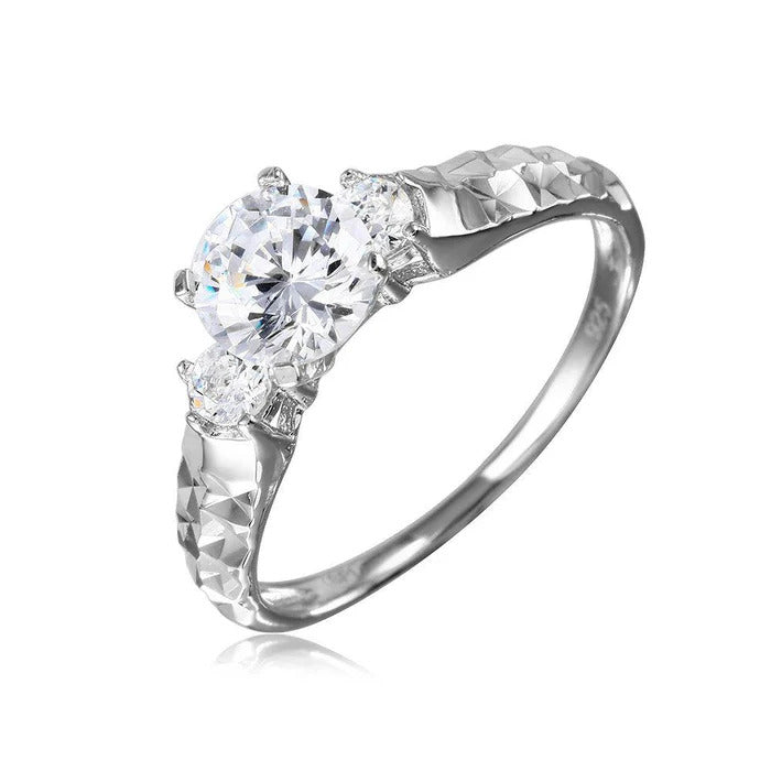 Sterling Silver Rhodium Plated Moissanite Center Stone Ring With Hammered Shank