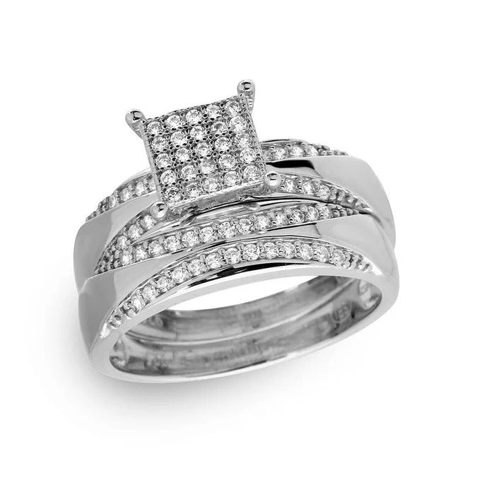 Sterling Silver Rhodium Plated Moissanite Square Pave Center Trio Bridal Ring