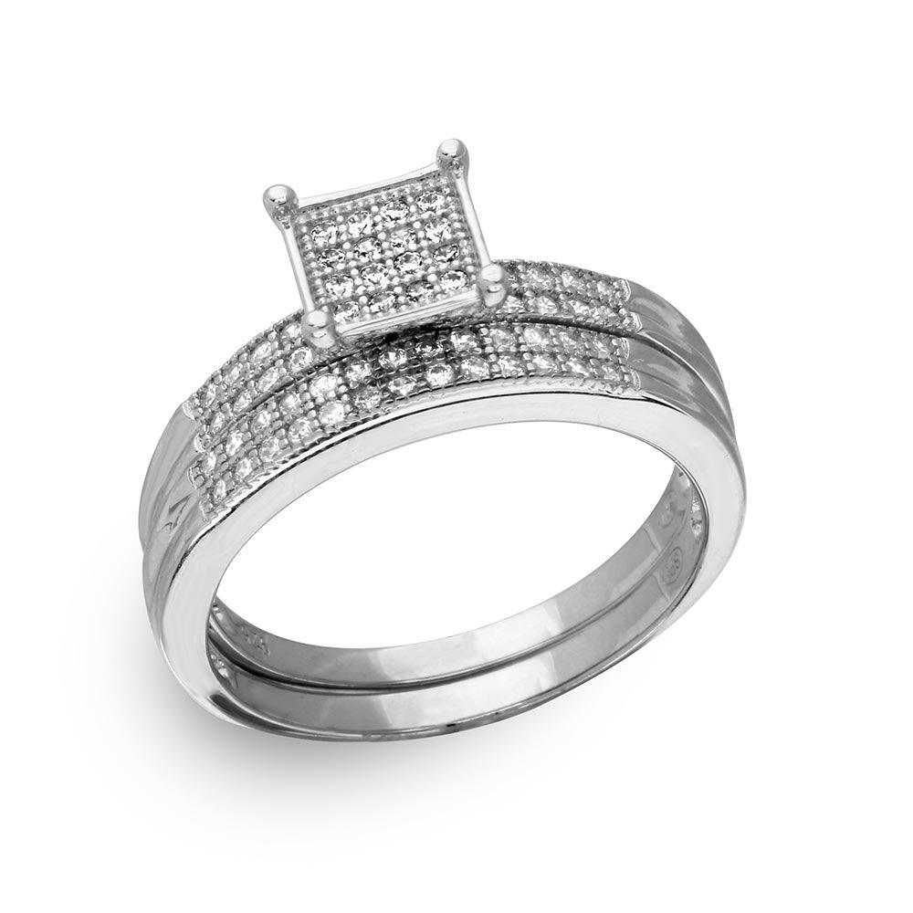 Sterling Silver Rhodium Plated Moissanite Square Pave Center Trio Bridal Ring