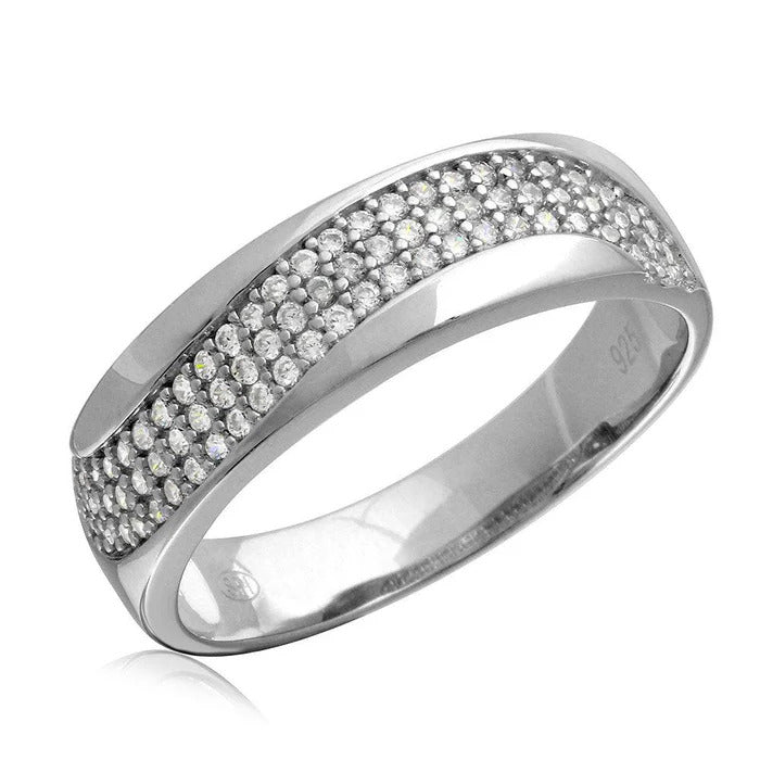 Sterling Silver Rhodium Plated Moissanite Men's Wave Wedding Ring