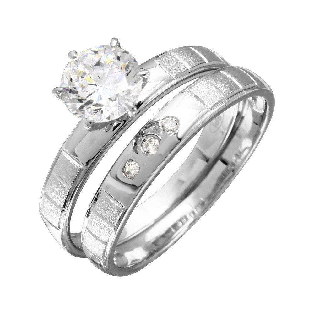 Sterling Silver Rhodium Plated Moissanite Line Shank Design Bridal Trios Ring