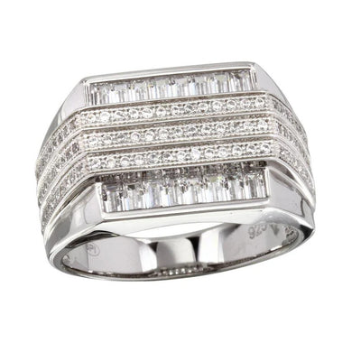 Sterling Silver Rhodium Plated Moissanite Men's 3 Bar Ring