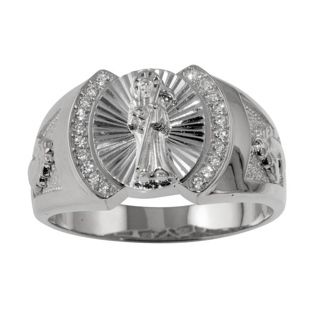 Sterling Silver Rhodium Plated Moissanite Santa Muerte Ring