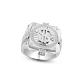 Sterling Silver Rhodium Plated Moissanite Men's Dollar Sign Ring