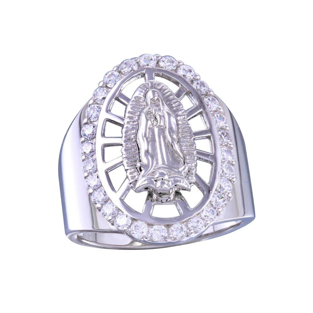 Sterling Silver Rhodium Plated Moissanite Oval Lady Of Guadalupe Center Ring