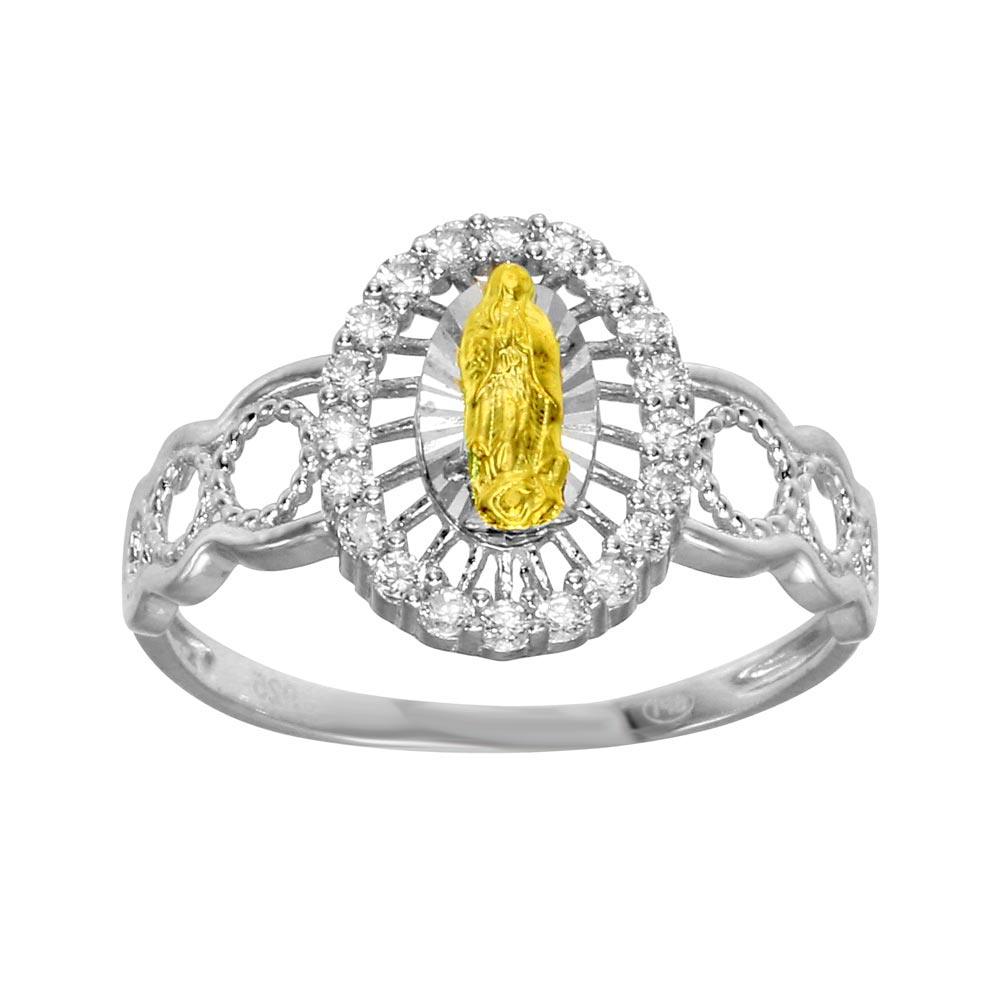 Sterling Silver Two Tone Plated Moissanite Lady Of Guadalupe Open Circle Shank Ring
