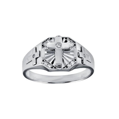 Sterling Silver Rhodium Plated Moissanite Men's Cross Ring