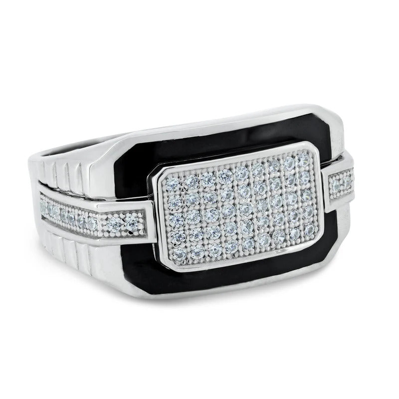 Sterling Silver Rhodium Plated Moissanite Multi Row Black Enamel Men's Ring