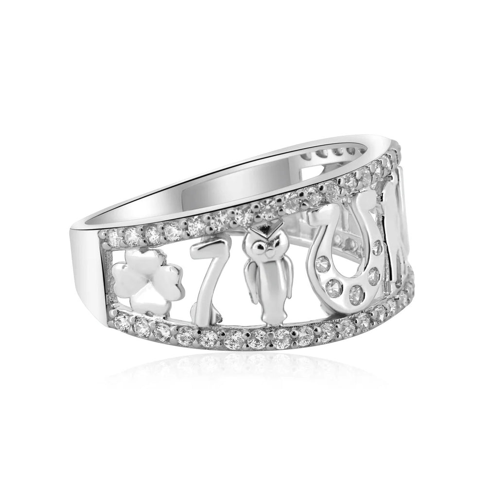 Sterling Silver Rhodium Plated Moissanite Lucky Symbols Ring