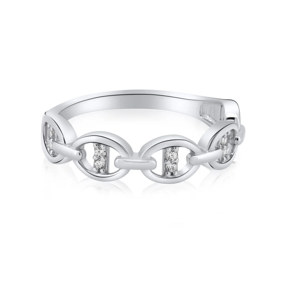Sterling Silver Rhodium Plated Moissanite Mariner Design Link Ring