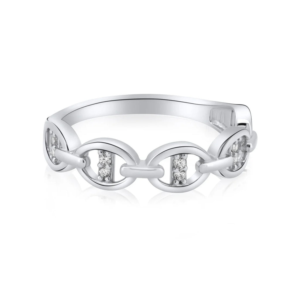 Sterling Silver Rhodium Plated Moissanite Mariner Design Link Ring