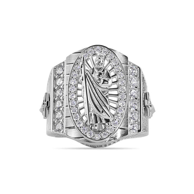 Sterling Silver Rhodium Plated Moissanite Men's Embossed Saint Jude Oval Top Round Clear Cross Ring