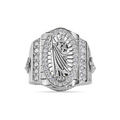 Sterling Silver Rhodium Plated Moissanite Men's Embossed Saint Jude Oval Top Round Clear Cross Ring